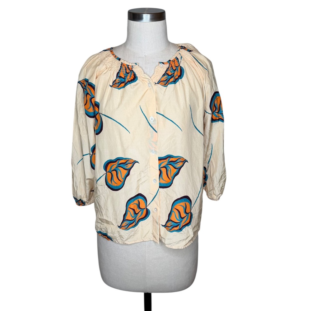 TUCKER Cream Orange Silk Cotton‎ Blouse Women's Size XS Leaf Print Tropical